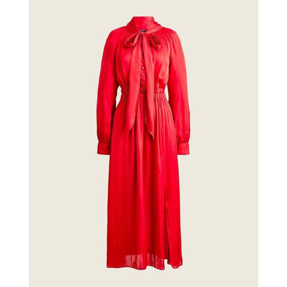 J Crew Long Sleeve Featherweight Satin Tie Neck Dres Ruby Deep Red XL - Picture 1 of 7